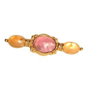 Vintage 1928 Pearlize Pink Peach Cabochon Gold tone Bar Pin Brooch